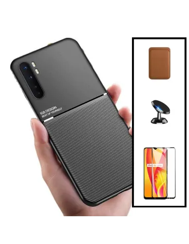 Kit Capa Magnetic Lux + Magnetic Wallet Castanho + Vidro Full Cover + Suporte Magnético para Xiaomi Mi Note 10 Lite