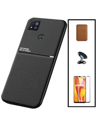 Kit Capa Magnetic Lux + Magnetic Wallet Castanho + Vidro Full Cover + Suporte Magnético para Xiaomi Poco C3