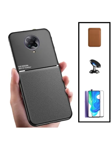 Kit Capa Magnetic Lux + Magnetic Wallet Castanho + Vidro Full Cover + Suporte Magnético para Xiaomi Poco F2 Pro