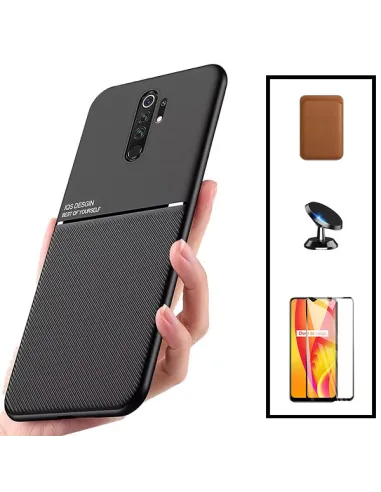 Kit Capa Magnetic Lux + Magnetic Wallet Castanho + Vidro Full Cover + Suporte Magnético para Xiaomi Poco M2