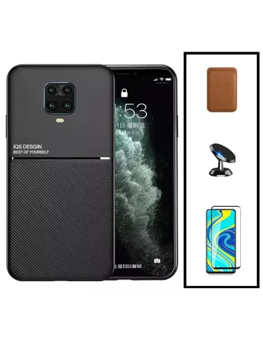 Kit Capa Magnetic Lux + Magnetic Wallet Castanho + Vidro Full Cover + Suporte Magnético para Xiaomi Poco M2 Pro