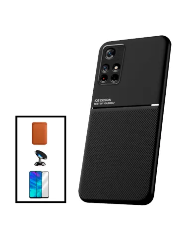 Kit Capa Magnetic Lux + Magnetic Wallet Castanho + Vidro Full Cover + Suporte Magnético para Xiaomi Poco M4 Pro 5G