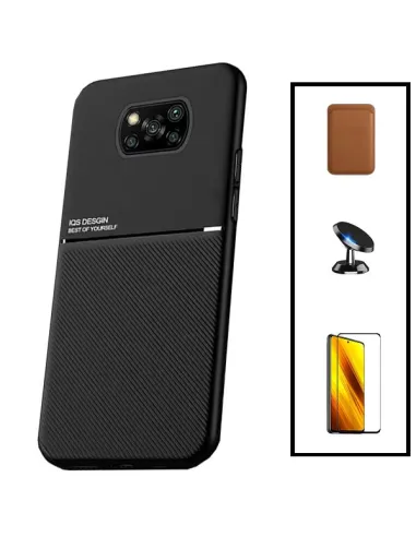 Kit Capa Magnetic Lux + Magnetic Wallet Castanho + Vidro Full Cover + Suporte Magnético para Xiaomi Poco X3