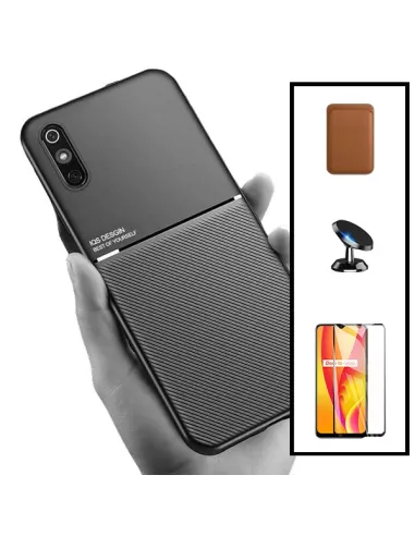 Kit Capa Magnetic Lux + Magnetic Wallet Castanho + Vidro Full Cover + Suporte Magnético para Xiaomi Redmi 9A Sport