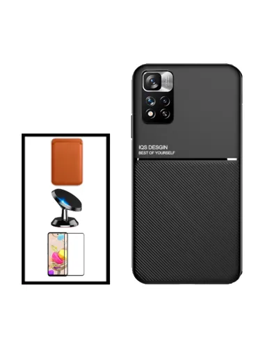 Kit Capa Magnetic Lux + Magnetic Wallet Castanho + Vidro Full Cover + Suporte Magnético para Xiaomi Redmi Note 11 Pro