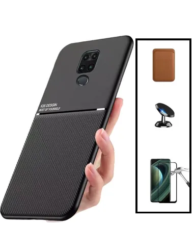 Kit Capa Magnetic Lux + Magnetic Wallet Castanho + Vidro Full Cover + Suporte Magnético para Xiaomi Redmi Note 9