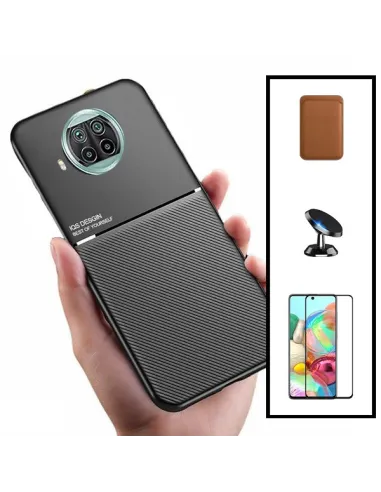 Kit Capa Magnetic Lux + Magnetic Wallet Castanho + Vidro Full Cover + Suporte Magnético para Xiaomi Redmi Note 9 Pro 5G