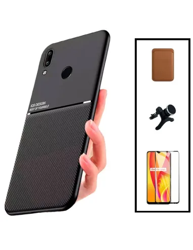 Kit Capa Magnetic Lux + Magn Wallet Castanho + Vidro + Sup Magn Reforçado para Huawei P Smart 2019