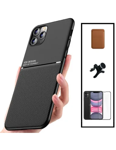 Kit Capa Magnetic Lux + Magn Wallet Castanho + Vidro + Sup Magn Reforçado para iPhone 11 Pro Max