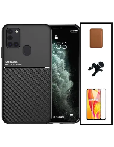 Kit Capa Magnetic Lux + Magn Wallet Castanho + Vidro + Sup Magn Reforçado para Samsung Galaxy M21