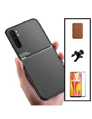 Kit Capa Magnetic Lux + Magn Wallet Castanho + Vidro + Sup Magn Reforçado para Xiaomi Mi Note 10 Lite