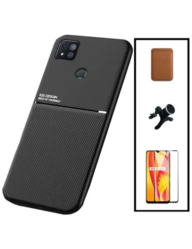 Kit Capa Magnetic Lux + Magn Wallet Castanho + Vidro + Sup Magn Reforçado para Xiaomi Poco C3