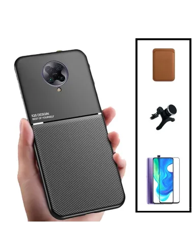 Kit Capa Magnetic Lux + Magn Wallet Castanho + Vidro + Sup Magn Reforçado para Xiaomi Poco F2 Pro