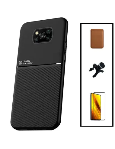 Kit Capa Magnetic Lux + Magn Wallet Castanho + Vidro + Sup Magn Reforçado para Xiaomi Poco X3 Pro