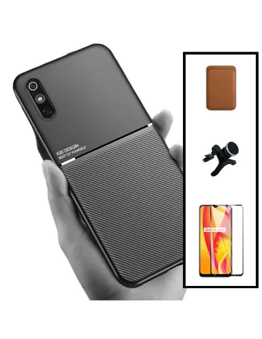 Kit Capa Magnetic Lux + Magn Wallet Castanho + Vidro + Sup Magn Reforçado para Xiaomi Redmi 9i