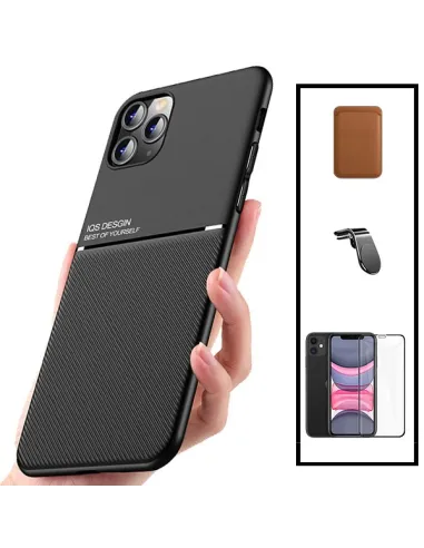 Kit Capa Magnetic Lux + Magn Wallet Castanho + Vidro + Sup Magn L para iPhone 11 Pro Max