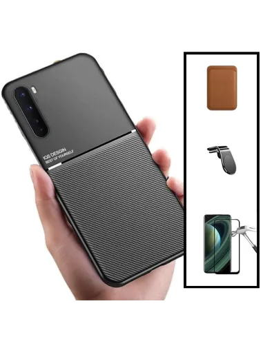 Kit Capa Magnetic Lux + Magn Wallet Castanho + Vidro + Sup Magn L para OnePlus Nord