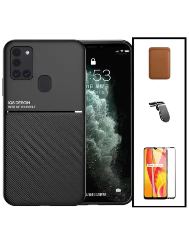 Kit Capa Magnetic Lux + Magn Wallet Castanho + Vidro + Sup Magn L para Samsung Galaxy M21