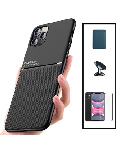 Kit Capa Magnetic Lux + Magnetic Wallet Azul + 5D Full Cover + Suporte Magnético de Carro para iPhone 11 Pro