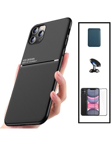 Kit Capa Magnetic Lux + Magnetic Wallet Azul + 5D Full Cover + Suporte Magnético de Carro para iPhone 11 Pro Max