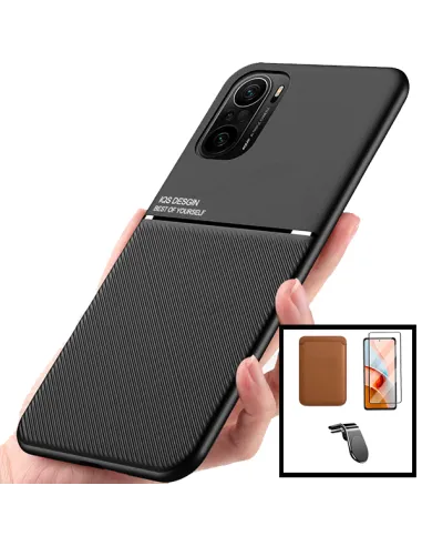 Kit Capa Magnetic Lux + Magn Wallet Castanho + Vidro + Sup Magn L para Xiaomi Mi 11i