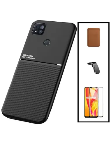 Kit Capa Magnetic Lux + Magn Wallet Castanho + Vidro + Sup Magn L para Xiaomi Poco C3