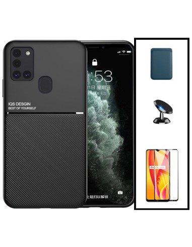 Kit Capa Magnetic Lux + Magnetic Wallet Azul + 5D Full Cover + Suporte Magnético de Carro para Samsung Galaxy M30s