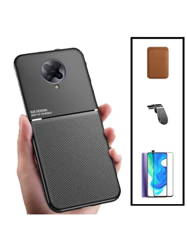 Kit Capa Magnetic Lux + Magn Wallet Castanho + Vidro + Sup Magn L para Xiaomi Poco F2 Pro