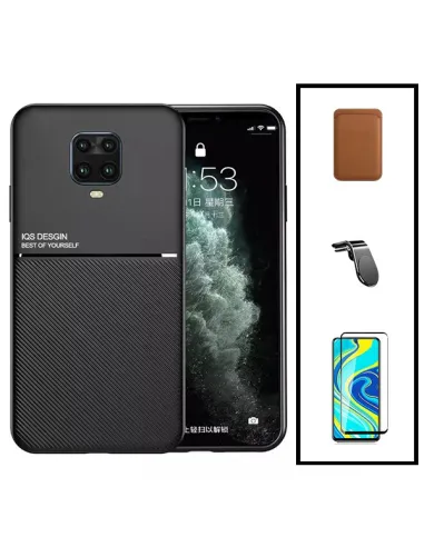 Kit Capa Magnetic Lux + Magn Wallet Castanho + Vidro + Sup Magn L para Xiaomi Poco M2 Pro