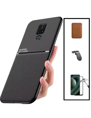 Kit Capa Magnetic Lux + Magn Wallet Castanho + Vidro + Sup Magn L para Xiaomi Redmi Note 9