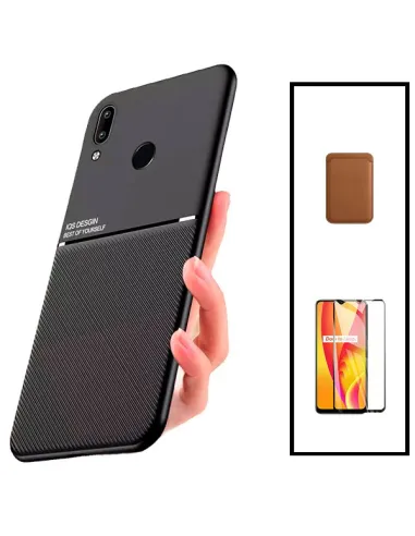 Kit Capa Magnetic Lux + Magnetic Wallet Castanho + Vidro Full Cover para Huawei P Smart 2019