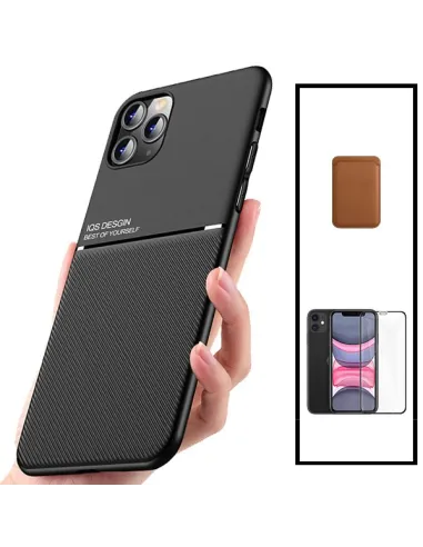 Kit Capa Magnetic Lux + Magnetic Wallet Castanho + Vidro Full Cover para iPhone 11 Pro