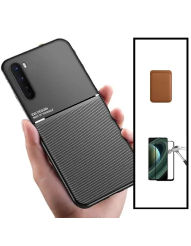 Kit Capa Magnetic Lux + Magnetic Wallet Castanho + Vidro Full Cover para OnePlus Nord