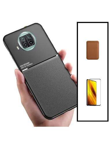 Kit Capa Magnetic Lux + Magnetic Wallet Castanho + Vidro Full Cover para Xiaomi Mi 10i