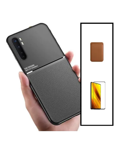 Kit Capa Magnetic Lux + Magnetic Wallet Castanho + Vidro Full Cover para Xiaomi Mi Note 10 Lite