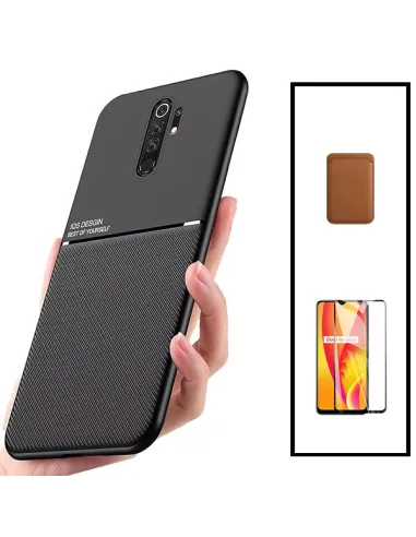 Kit Capa Magnetic Lux + Magnetic Wallet Castanho + Vidro Full Cover para Xiaomi Poco M2