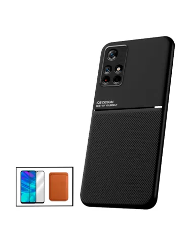 Kit Capa Magnetic Lux + Magnetic Wallet Castanho + Vidro Full Cover para Xiaomi Poco M4 Pro 5G