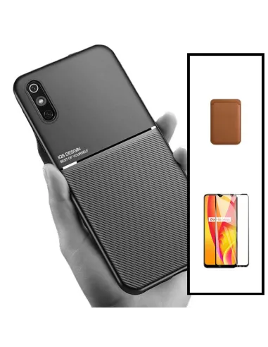 Kit Capa Magnetic Lux + Magnetic Wallet Castanho + Vidro Full Cover para Xiaomi Redmi 9A