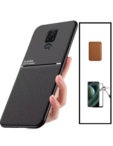 Kit Capa Magnetic Lux + Magnetic Wallet Castanho + Vidro Full Cover para Xiaomi Redmi Note 9