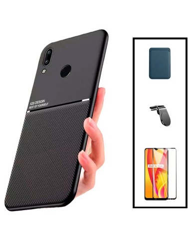 Kit Capa Magnetic Lux + Magnetic Wallet Azul + 5D Full Cover + Suporte Magnético L Safe Driving para Huawei P Smart 2019