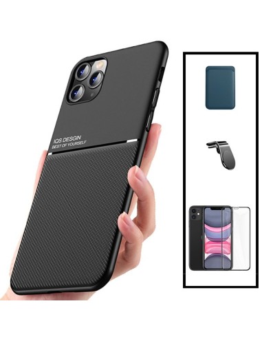 Kit Capa Magnetic Lux + Magnetic Wallet Azul + 5D Full Cover + Suporte Magnético L Safe Driving para iPhone 11 Pro