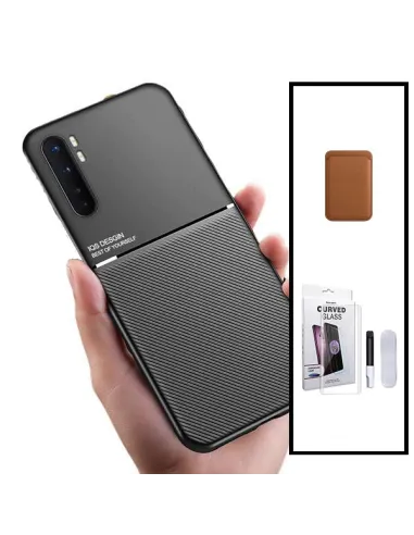 Kit Capa Magnetic Lux + Magnetic Wallet Castanho + Película Curved UV para Xiaomi Mi Note 10 Lite