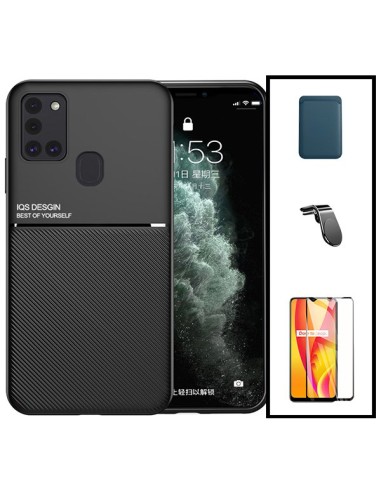 Kit Capa Magnetic Lux + Magnetic Wallet Azul + 5D Full Cover + Suporte Magnético L Safe Driving para Samsung Galaxy M30s