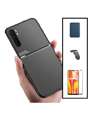 Kit Capa Magnetic Lux + Magnetic Wallet Azul + 5D Full Cover + Suporte Magnético L Safe Driving para Xiaomi Mi Note 10 Lite