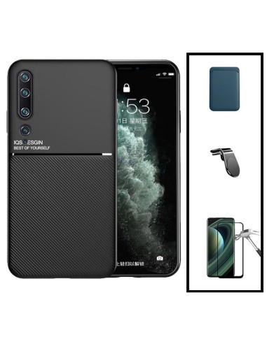 Kit Capa Magnetic Lux + Magnetic Wallet Azul + 5D Full Cover + Suporte Magnético L Safe Driving para Xiaomi Mi Note 10 Pro