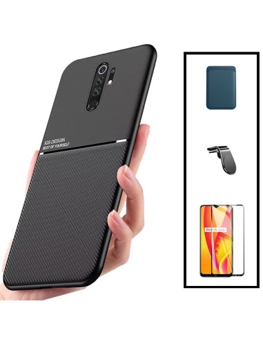 Kit Capa Magnetic Lux + Magnetic Wallet Azul + 5D Full Cover + Suporte Magnético L Safe Driving para Xiaomi Redmi 9 Prime