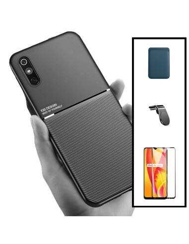 Kit Capa Magnetic Lux + Magnetic Wallet Azul + 5D Full Cover + Suporte Magnético L Safe Driving para Xiaomi Redmi 9A
