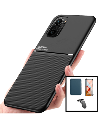 Kit Capa Magnetic Lux + Magnetic Wallet Azul + 5D Full Cover + Suporte Magnético L Safe Driving para Xiaomi Redmi K40 Pro