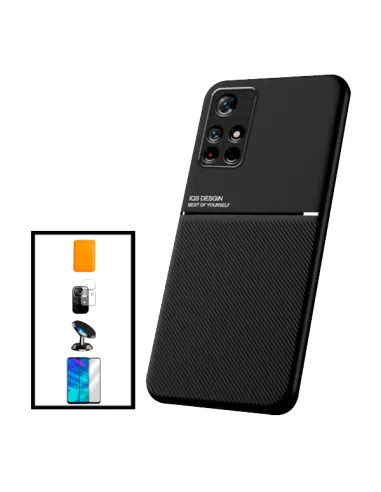 Kit Capa Magnetic Lux + Magn Wallet Laranja + Vidro + P. de Câmara + Sup Magn para Xiaomi Poco M4 Pro 5G