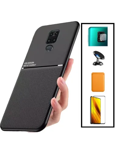 Kit Capa Magnetic Lux + Magn Wallet Laranja + Vidro + P. de Câmara + Sup Magn para Xiaomi Redmi Note 9